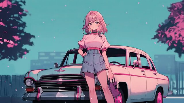 Lofi animation. Seamless loop. Girl and the car. Assets were created with the help of an AI and then were manually modified and animated.