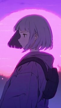 Lofi animation. Seamless loop. Girl outdoor. Assets were created with the help of an AI and then were manually modified and animated.