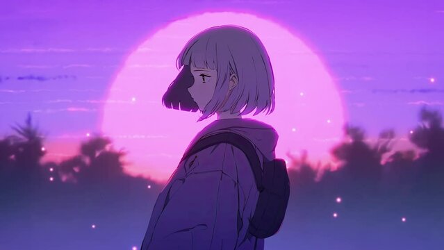 Lofi animation. Seamless loop. Girl outdoor. Assets were created with the help of an AI and then were manually modified and animated.