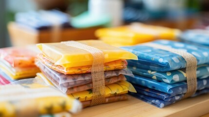 Closeup of a bundle of colorful beeswax wraps, a sustainable alternative to singleuse plastic wrap for storing food. - obrazy, fototapety, plakaty