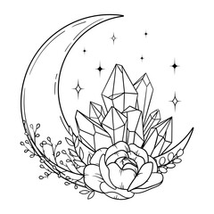 Vector line art mystical celestial magic witchcraft elements. Esoteric crescent moon, crystal, peony rose, stars, leaves, line art.