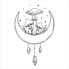 Vector line art mystical celestial magic witchcraft elements. Esoteric crescent moon, mushrooms,crystal, stars, leaves, line art.