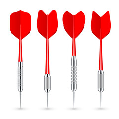 Red dart arrows with metal tip and shadow. Dart throwing sport game, dartboard equipment. Vector illustration