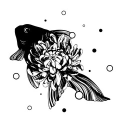 Asian ornamental golden fish with spring flower wreath, black vector silhouette