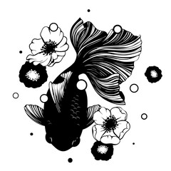 Asian ornamental golden fish with spring flower wreath, black vector silhouette