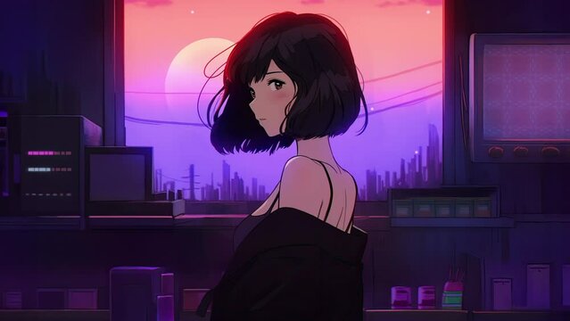 Lofi animation. Seamless loop. Girl in the room. Assets were created with the help of an AI and then were manually modified and animated.