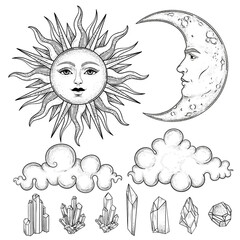 Crescent moon and sun face, clouds, magic crystal. Isoteric vintage engraved vector set