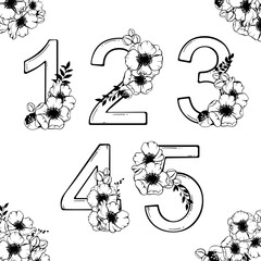 Numbers with spring flowers. Elegant blossom number, date and numeric monogram. Flower ornamental numbers character. Vector set
