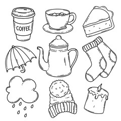Autumn accessories vector set. Winter hat, socks, umbrella, piece of pie, candle, cloud, tea pot, coffee, chocolate with marshmallows