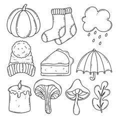 Autumn accessories vector set. Winter hat, warm socks, umbrella, piece of pie, candle, mushroom, cloud, pumpkin, leaf