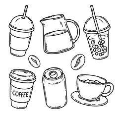 Coffee to go vector set, chocolate with marsmallow, carafe of milk, coffee bean, canbubble tea