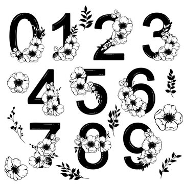 Numbers with spring flowers. Elegant blossom number, date and numeric monogram. Flower ornamental numbers character. Vector set