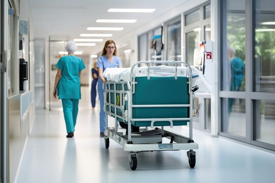 Two nurses pushing an empty gurney down a hospital hallway