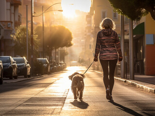 Back view of a woman walking her dog on the street, golden hour.  - obrazy, fototapety, plakaty
