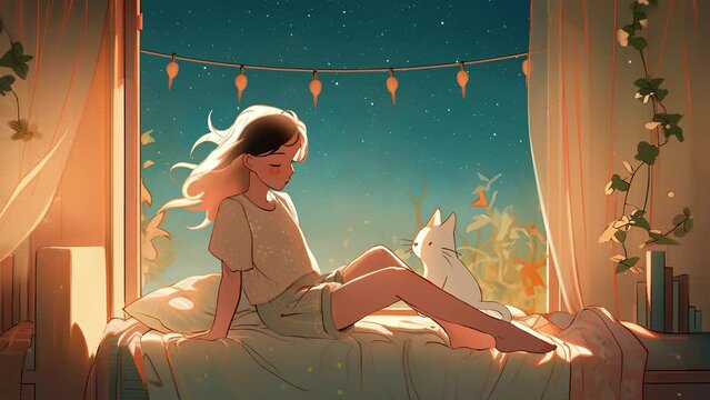 Lofi animation. Seamless loop. Girl in the room. Assets were created with the help of an AI and then were manually modified and animated.