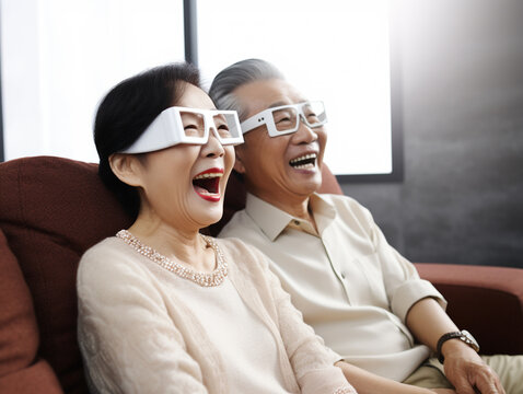 Senior Asian couple watching movie using 3d glasses.