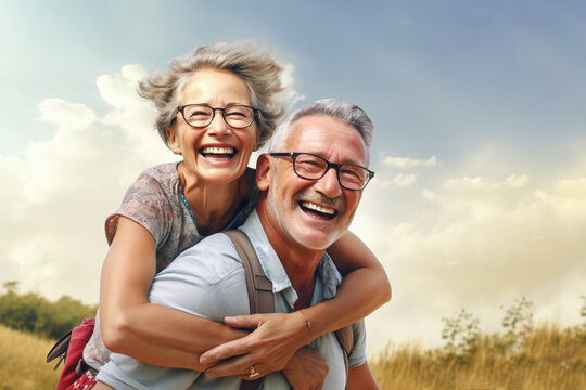 Happy senior couple, laughing away. Man carrying woman at his back.