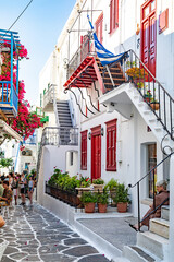 View of whitewashed cobbled street, Little Venice of Mykonos . Greek Island. - 711078501