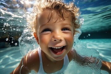 Fototapeta na wymiar Ecstatic blonde toddler swimming underwater