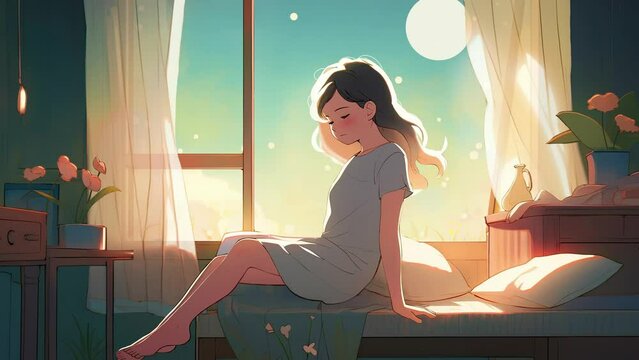  Lofi animation. Seamless loop. Girl in the room. Assets were created with the help of an AI and then were manually modified and animated.