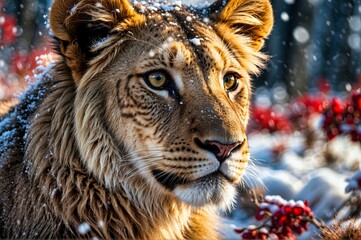 Winter's Majesty: Lion amidst Berry Frost