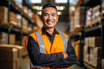 Fototapeta premium Portrait of a smiling Asian male warehouse worker in a black shirt and orange safety vest standing in a warehouse with shelves of boxes in the background