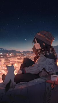 Lofi animation. Seamless loop. Girl and cats on the roof. Assets were created with the help of an AI and then were manually modified and animated.