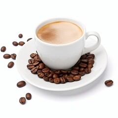 A cup of coffee with scattered coffee beans on a white background,