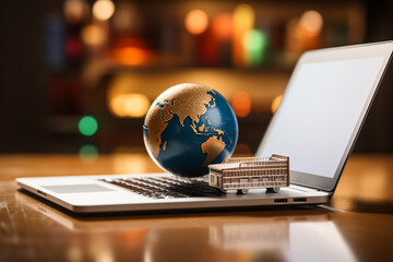 Laptop with globe on table in office. 3d rendering. - obrazy, fototapety, plakaty