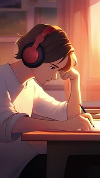 Lofi animation. Seamless loop. The guy is studying. Assets were created with the help of an AI and then were manually modified and animated.