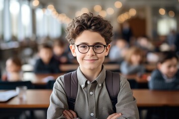Portrait of a smiling schoolboy with glasses - obrazy, fototapety, plakaty