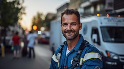 portrait of a smiling male paramedic in uniform standing in front of an ambulance