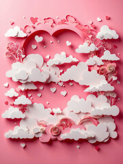 Paper heart with clouds and rose petals on a pink background.