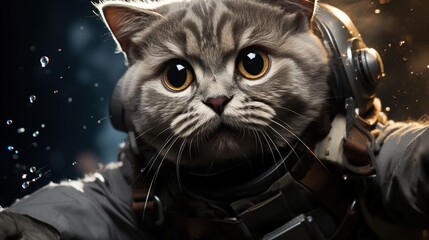 A cute cat wearing a spacesuit and headphones - obrazy, fototapety, plakaty