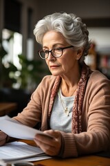 Thoughtful senior woman reading documents at home