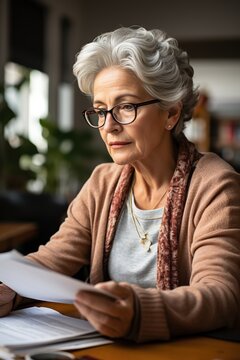 Thoughtful Senior Woman Reading Documents At Home