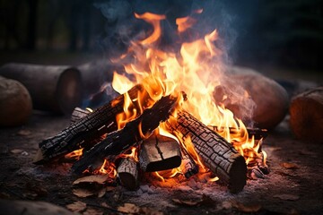 A detailed view of a campfire in the outdoors with burning wood, flickering flames, and intense fire. Generative AI