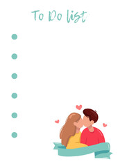 Note, to do list, check list with kisses romantic pair of boy and girl with banner, ribbon and hearts. Happy valentines day	
