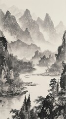 Black and White Painting of Mountains and River