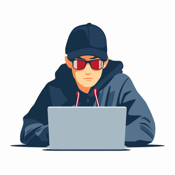 A hacker in sunglasses and a dark jacket sits at a laptop on a white background, vector