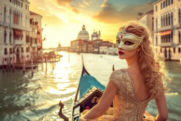 Fototapeta na wymiar Sensual Charm of Venice Carnival: In the embrace of a Venetian boat, a woman dons a carnival mask, exuding mysterious allure against the backdrop of iconic Bridge