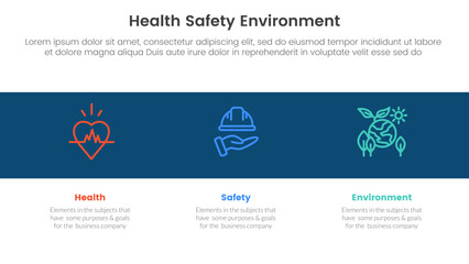 hse framework infographic 3 point stage template with icon in black horizontal background for slide presentation