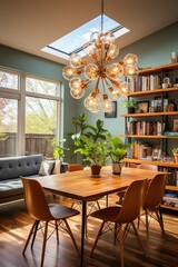 Mid-century modern dining room with large windows and plants