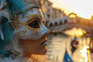 Sensual Charm of Venice Carnival: In the embrace of a Venetian boat, a woman dons a carnival mask, exuding mysterious allure against the backdrop of iconic Bridge - obrazy, fototapety, plakaty
