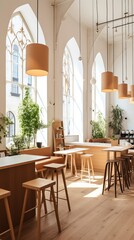 Fototapeta na wymiar plants in a bright cafe with large windows
