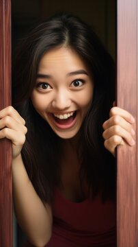 Surprised Asian woman peeking through a door