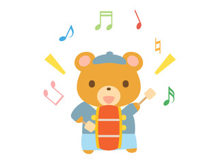 大太鼓を鳴らす熊さんのイラスト　音符ありバージョン