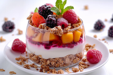 Fresh fruit and yogurt parfait with granola topping