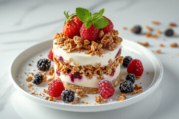 Fresh fruit and yogurt parfait with granola topping