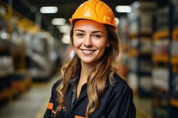 Portrait of a smiling young woman wearing a hard hat in a warehouse